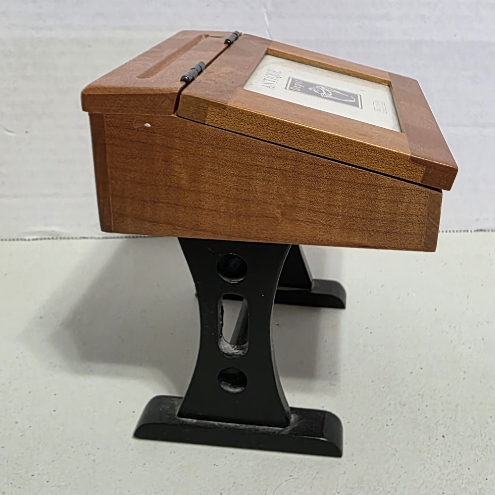 Antique Depot Miniature Wood School Desk Picture Frame Jewelry Trinket Box